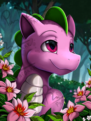 Size: 2400x3184 | Tagged: safe, artist:pridark, spike (g1), dragon, g1, cute, flower, forest background, male, signature, smiling, solo