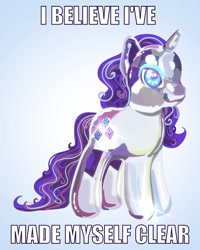 Size: 720x900 | Tagged: safe, artist:ivydapple, rarity, pony, unicorn, g4, caption, clear, cutie mark magic, female, horn, i've made myself clear, impact font, joke, mare, meme, meta, pun, reaction image, simple background, snow globe, snowglobe pony, solo, text, toy, transparent flesh, water cuties, white background