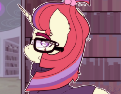 Size: 1348x1048 | Tagged: safe, artist:bluemoon, moondancer, pony, unicorn, book, bookhorse, bookshelf, clothes, glasses, hairclip, horn, library, looking at you, messy mane, solo, sweater, thick eyebrows