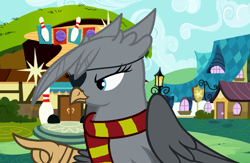 Size: 936x612 | Tagged: safe, artist:moonlightthegriffon, oc, oc only, oc:moonlight(griffon), griffon, base used, bowling alley, clothes, eyepatch, fake screencap, griffon oc, pointing, ponyville, scarf, smiling, smirk, solo, striped scarf
