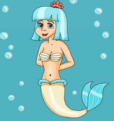 Size: 896x953 | Tagged: safe, artist:ocean lover, coco pommel, human, mermaid, g4, bashful, belly button, blue eyes, blue hair, bra, bubble, clothes, fins, fish tail, flower, flower in hair, human coloration, humanized, innocent, light skin, lips, looking up, mermaid tail, mermaidized, mermay, midriff, ms paint, ocean, seashell, seashell bra, short hair, shy, species swap, tail, tail fin, two toned hair, underwater, underwear, water