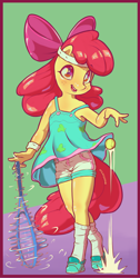 Size: 942x1876 | Tagged: safe, artist:stratodraw, apple bloom, earth pony, anthro, unguligrade anthro, adorabloom, ball, clothes, cute, dress, female, filly, foal, freckles, headband, knee blush, shorts, socks, tennis ball, tennis racket, younger