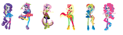 Size: 1280x367 | Tagged: safe, artist:leahrow, artist:selenaede, applejack, fluttershy, pinkie pie, rainbow dash, rarity, twilight sparkle, human, equestria girls, g4, my little pony equestria girls: rainbow rocks, base used, female, humane five, humane six, ponied up, simple background, white background