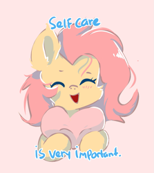 Size: 785x879 | Tagged: safe, artist:comfort_ponies, artist:skylinepony_, fluttershy, pegasus, pony, g4, cute, ear fluff, eyes closed, female, heart, open mouth, pink background, positive ponies, shyabetes, simple background, smiling, solo, text