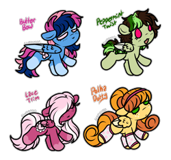 Size: 2528x2364 | Tagged: safe, artist:sexygoatgod, oc, oc only, oc:butter bow, oc:lace trim, oc:peppermint twist, oc:polka dotty, pegasus, pony, adoptable, chibi, female, simple background, transparent background