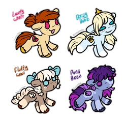 Size: 2528x2364 | Tagged: safe, artist:sexygoatgod, oc, oc only, oc:daisy duke, oc:fluffy wool, oc:lovely wheat, oc:pony bead, earth pony, pony, adoptable, chibi, female, simple background, transparent background