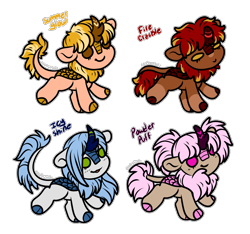 Size: 2528x2364 | Tagged: safe, artist:sexygoatgod, oc, oc only, oc:fire crackle, oc:icy shine, oc:powder puff, oc:summer glow, kirin, pony, adoptable, chibi, female, simple background, transparent background