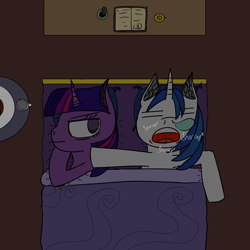 Size: 1500x1500 | Tagged: safe, artist:icycrymelon, shining armor, twilight sparkle, pony, unicorn, g4, annoyed, bed, book, brother and sister, cup, duo, duo male and female, female, horn, male, open mouth, siblings, sleeping, snoring