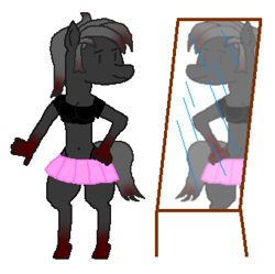 Size: 678x674 | Tagged: safe, artist:shrimpbucket, oc, oc only, oc:blood stain, anthro, unguligrade anthro, belly button, clothes, hand on hip, mirror, pink skirt, shirt, skirt, smiling
