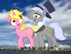 Size: 2048x1536 | Tagged: safe, artist:cloudy glow, edit, editor:jaredking779, caesar, count caesar, sunshine smiles, earth pony, pony, unicorn, g4, background pony, duo, female, giant pony, giantess, hat, highrise ponies, horn, irl, macro, male, mare, monocle, monocle and top hat, photo, ponies in real life, seattle, space needle, stallion, story included, top hat, washington