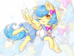 Size: 4000x3000 | Tagged: safe, artist:如意喵喵, oc, oc only, oc:zoran, oc:左岸, pegasus, pony, blue mane, blue tail, blushing, clothes, ear fluff, female, flying, looking at you, mare, one eye closed, skirt, solo, spread wings, tail, tongue out, unshorn fetlocks, wings, wink, winking at you, yellow coat, zoom layer