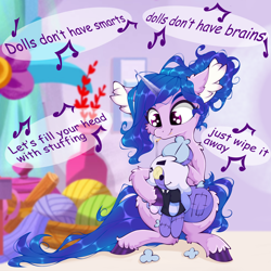 Size: 2500x2500 | Tagged: safe, artist:rurihal, izzy moonbow, pony, unicorn, g5, doll, ear fluff, female, fluffy, horn, mare, sewing, sewing needle, singing, smiling, solo, toy, yarn