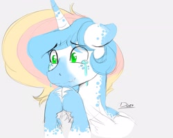 Size: 2627x2105 | Tagged: safe, alternate version, artist:thelunarmoon, oc, oc only, oc:lunar moon, pony, unicorn, bust, coat markings, colored, crying, flat colors, floppy ears, gray background, hooves together, horn, male, multicolored hair, no dialogue, simple background, solo, stallion, unshorn fetlocks
