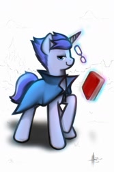 Size: 1080x1621 | Tagged: safe, artist:itxi_izalith, oc, oc only, pony, unicorn, book, cape, clothes, glasses, horn, levitation, lidded eyes, looking at you, magic, smiling, solo, telekinesis