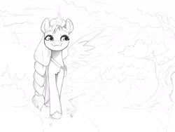 Size: 2048x1536 | Tagged: safe, artist:itxi_izalith, sunny starscout, alicorn, pony, g5, artificial horn, artificial wings, augmented, horn, magic, magic horn, magic wings, race swap, sketch, smiling, solo, spread wings, sunnycorn, tree, wings