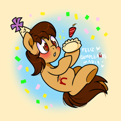 Size: 1300x1300 | Tagged: safe, artist:paperbagpony, oc, oc:maría teresa de los ponyos paguetti, blushing, confetti, hat, party hat, solo, ñ