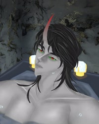 Size: 1280x1600 | Tagged: safe, artist:sh4deshad0w41, king sombra, human, anthro, bathing, bathroom, bathtub, colored horn, curved horn, horn, humanized, looking at you, male, solo, solo male, sombra horn, wet body, wet hair