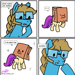 Size: 865x866 | Tagged: safe, artist:thesimplementni, oc, oc only, oc:paper bag, oc:shutter speed, blushing, comic, duo, explain your smolness, glasses, simple background, white background