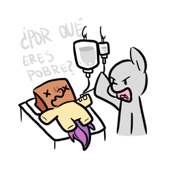 Size: 1000x1000 | Tagged: safe, artist:paperbagpony, oc, oc only, oc:paper bag, anonymous, bed, chibi, hospital bed, iv drip, spanish, x eyes