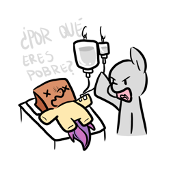 Size: 1000x1000 | Tagged: safe, artist:paperbagpony, oc, oc only, oc:paper bag, pony, anonymous, bed, chibi, duo, hospital bed, iv drip, simple background, spanish, translated in the comments, white background, x eyes