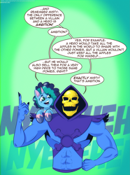 Size: 1881x2523 | Tagged: safe, artist:saturdaymorningproj, misty brightdawn, human, pony, unicorn, g5, crossover, dialogue, duo, duo male and female, evil laugh, female, hand on hip, he-man and the masters of the universe, high res, horn, laughing, male, mare, open mouth, open smile, pointing, shoulder ride, skeletor, smiling, speech bubble