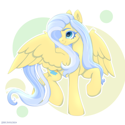 Size: 4134x4134 | Tagged: safe, artist:jjsh, oc, oc only, pegasus, pony, blue eyes, blue mane, cute, cute face, female, high res, mare, raised hoof, smiling, solo, spread wings, turned head, wings