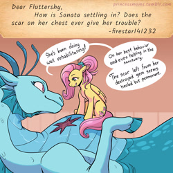 Size: 2166x2166 | Tagged: safe, artist:overlordneon, fluttershy, sonata dusk, pegasus, pony, siren, g4, ask, dialogue, duo, duo female, female, high res, mare, older, older fluttershy, scar, sitting, size difference, speech bubble