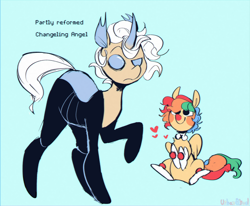 Size: 2242x1843 | Tagged: safe, artist:urbanqhoul, oc, oc only, oc:angel, oc:whimsy, changedling, changeling, pegasus, pony, changedling oc, changeling oc, changelingified, clown, clown makeup, clown nose, duo, floating heart, heart, high res, hooves to the chest, light blue background, looking at you, male, ponified, red nose, simple background, sitting, species swap, stallion, text