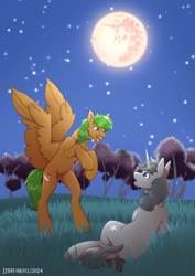 Size: 2480x3508 | Tagged: safe, artist:jjsh, oc, oc only, pegasus, pony, unicorn, excited, fluffy, grass, happy, high res, holiday, horn, looking at someone, lying down, male, moon, night, open mouth, raised hoof, rearing, sky, smiling, spread wings, stallion, stars, teeth, tree, turned head, wing fluff, wings