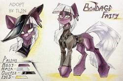 Size: 1280x838 | Tagged: safe, artist:tlen borowski, oc, oc:bondage fairy, pony, adoptable, clothes, concave belly, ear fluff, ear piercing, female, harness, hat, hooves, looking at you, piercing, reference sheet, simple background, slender, tail, thin, traditional art, white background, white mane, yellow eyes