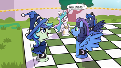 Size: 3840x2160 | Tagged: safe, artist:brella, princess celestia, princess luna, oc, oc:jade luster, oc:nova twinkle, bishop, bishop and knight checkmate, chess, cute, knight