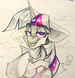 Size: 1973x2048 | Tagged: safe, artist:tlen borowski, twilight sparkle, pony, drugs, ear fluff, hooves, horn, looking at you, open mouth, red eyes, sketch, smiling, smiling at you, smoke, teeth, traditional art