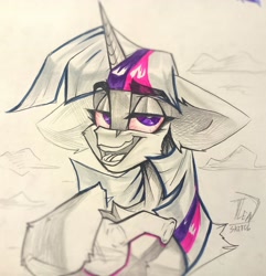 Size: 1973x2048 | Tagged: safe, artist:tlen borowski, twilight sparkle, pony, g4, bloodshot eyes, drugs, ear fluff, highlight sparkle, hooves, horn, looking at you, open mouth, red eyes, sketch, smiling, smiling at you, smoke, teeth, traditional art