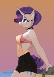 Size: 2340x3304 | Tagged: safe, artist:naen, rarity, unicorn, anthro, plantigrade anthro, g4, alternate hairstyle, bra, choker, clothes, ear piercing, female, gradient background, horn, mare, piercing, smiling, solo, underwear