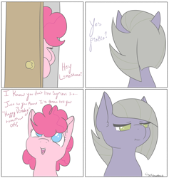 Size: 3880x4096 | Tagged: safe, artist:tkshoelace, limestone pie, pinkie pie, earth pony, pony, g4, comic, door, duo, duo female, female, mare, siblings, simple background, sisters, text, white background