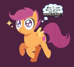 Size: 640x580 | Tagged: safe, artist:weirduglylemon, scootaloo, pegasus, pony, g4, female, filly, foal, minecraft, purple background, simple background, solo, sparkles, thought bubble