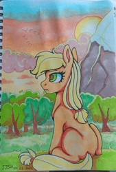 Size: 1104x1637 | Tagged: safe, artist:jjsh, applejack, earth pony, pony, g4, cloud, female, forest, grass, looking away, looking forward, mare, marker drawing, mountain, nature, sitting, snow, sun, sunset, traditional art, tree