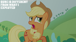 Size: 2000x1125 | Tagged: safe, edit, edited screencap, editor:quoterific, screencap, applejack, earth pony, pony, g4, maud pie (episode), season 4, applejack's hat, caption, cowboy hat, female, hat, mare, solo, text