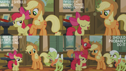 Size: 2000x1125 | Tagged: safe, edit, edited screencap, editor:quoterific, screencap, apple bloom, applejack, big macintosh, granny smith, earth pony, pony, g4, pinkie apple pie, apple family, caption, female, filly, foal, male, mare, mouth hold, quill, stallion, sweet apple acres, text