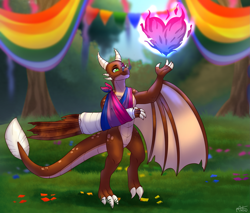 Size: 2965x2530 | Tagged: safe, artist:malinraf1615, oc, oc only, oc:ash, dragon, wyvern, bandage, bisexual pride flag, broken bone, broken wing, cast, claws, colored wings, commission, dragon oc, dragonified, fire, injured, magic, male, non-pony oc, pride, pride flag, pride month, pyrokinesis, sling, solo, species swap, tail, wings