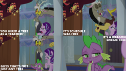 Size: 2000x1125 | Tagged: safe, edit, edited screencap, editor:quoterific, screencap, discord, spike, starlight glimmer, draconequus, dragon, pony, unicorn, a matter of principals, g4, caption, dragonsneeze, horn, school of friendship, text, trio, winged spike, wings