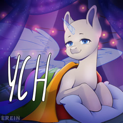 Size: 2000x2000 | Tagged: safe, artist:erein, pony, advertisement, any gender, any race, any species, bedroom, commission, ears up, flag, garland, gay pride flag, high res, horn, indoors, lgbt, looking at you, night, pillow, pride, pride flag, pride month, room, smiling, smiling at you, solo, string lights, wings, ych sketch, your character here