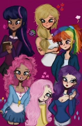 Size: 678x1042 | Tagged: safe, artist:artmiiracle, applejack, fluttershy, pinkie pie, rainbow dash, rarity, spike, twilight sparkle, dragon, human, g4, alternate hairstyle, blushing, book, clothes, dark skin, ear piercing, earring, eyeshadow, female, grin, hoodie, humanized, jewelry, lipstick, makeup, male, mane seven, mane six, necklace, pants, piercing, ponytail, purple background, shirt, simple background, skirt, smiling, tank top, vest