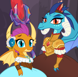 Size: 800x785 | Tagged: safe, artist:queencold, princess ember, smolder, dragon, g4, clothes, crown, dragon lord ember, dragoness, dress, female, flower, gem, jewelry, regalia, smolder also dresses in style