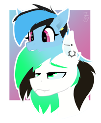 Size: 766x928 | Tagged: safe, artist:sevenserenity, oc, oc only, oc:icylightning, bat pony, pegasus, biting, cute, duo, piercing, wholesome