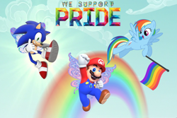 Size: 3000x2000 | Tagged: safe, artist:misty114, artist:user15432, artist:xpesifeindx, rainbow dash, fairy, human, pegasus, pony, g4, blue sky, cloud, colored wings, crossover, fairy wings, flag, flying, gradient wings, happy pride month, jewelry, looking at you, mario, necklace, open mouth, open smile, pendant, pride, pride flag, pride month, pride month 2024, rainbow, rainbow flag, sky, smiling, sonic the hedgehog, sonic the hedgehog (series), sparkly wings, sun, super mario bros., wings