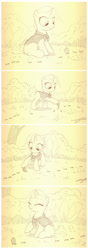 Size: 759x2148 | Tagged: safe, artist:sherwoodwhisper, oc, oc:eri, ant, insect, pony, unicorn, comic:antlantis, blank flank, cape, clothes, comic, female, filly, foal, horn, monochrome, photo, scout, solo, younger