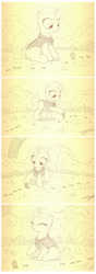 Size: 759x2148 | Tagged: safe, artist:sherwoodwhisper, oc, oc:eri, ant, insect, pony, unicorn, comic:antlantis, blank flank, cape, clothes, comic, cute, female, filly, foal, horn, monochrome, ocbetes, photo, scout, solo, younger