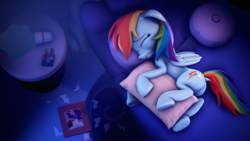 Size: 3840x2160 | Tagged: safe, artist:psfmer, rainbow dash, pegasus, pony, g4, 3d, bed, butt, crying, dock, eyes closed, female, floppy ears, heartbreak, high res, mare, pillow, plot, source filmmaker, table, tail, teary eyes, wings