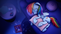 Size: 3840x2160 | Tagged: safe, artist:psfmer, rainbow dash, twilight sparkle, pegasus, pony, g4, 3d, bed, butt, crying, dock, eyes closed, female, floppy ears, heartbreak, high res, lesbian, mare, pillow, plot, ship:twidash, shipping, solo, source filmmaker, table, tail, teary eyes, wings